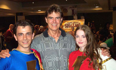 Kelly Delcambre as Captain Marvel, Jr., Jackson Bostwick, and Miriam Dafford as Mary Marvel